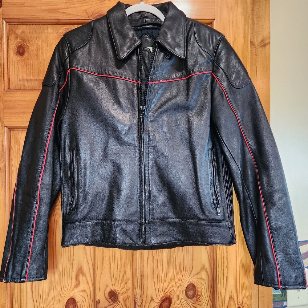 Vintage Berman's Black Leather Jacket with Red Accents, Size 38
